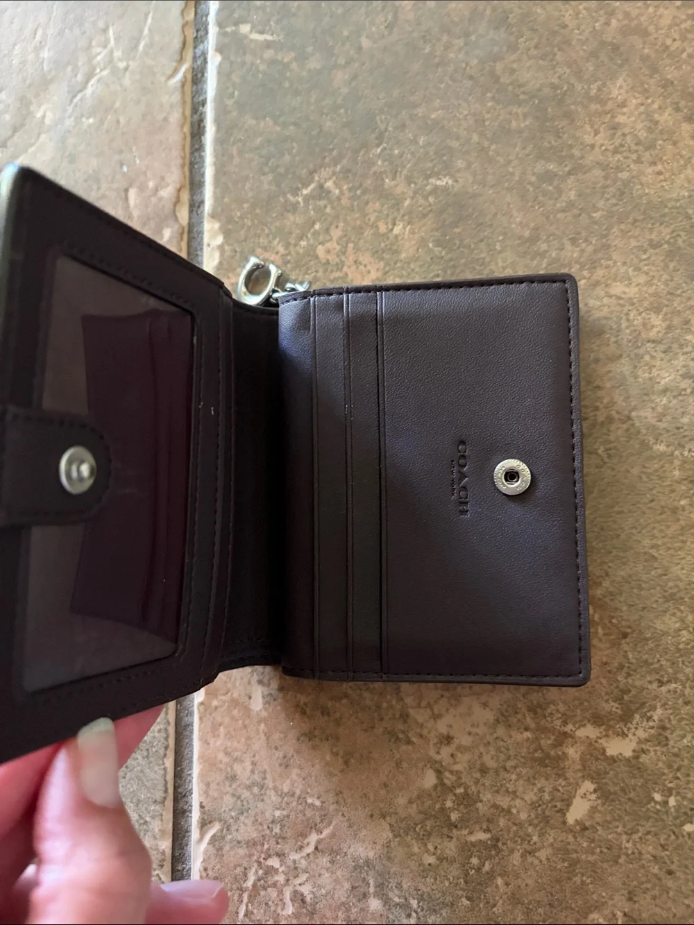 Coach Silver Pebble Leather Compact Wallet with Gold Logo